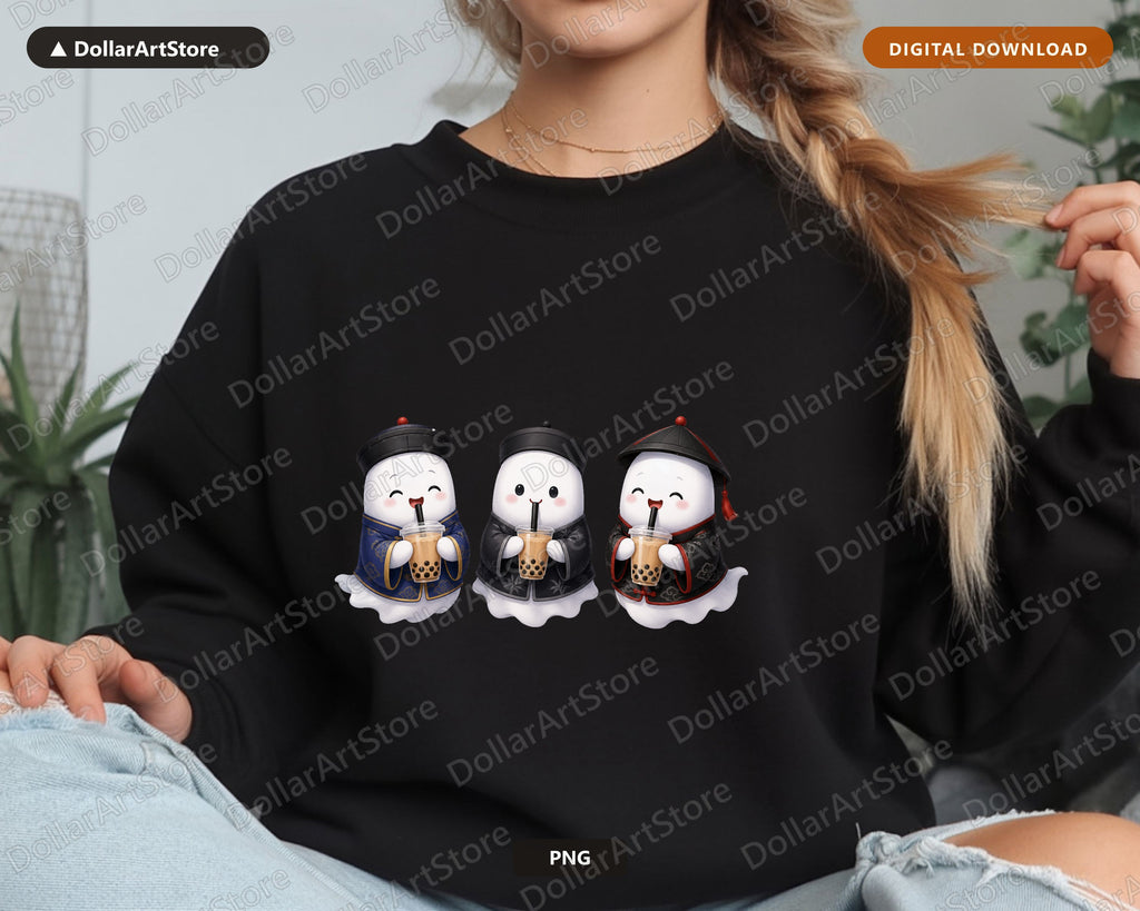 Cute Halloween Ghost PNG Sublimation Design, Boba Tea Shirt Design Digital Download