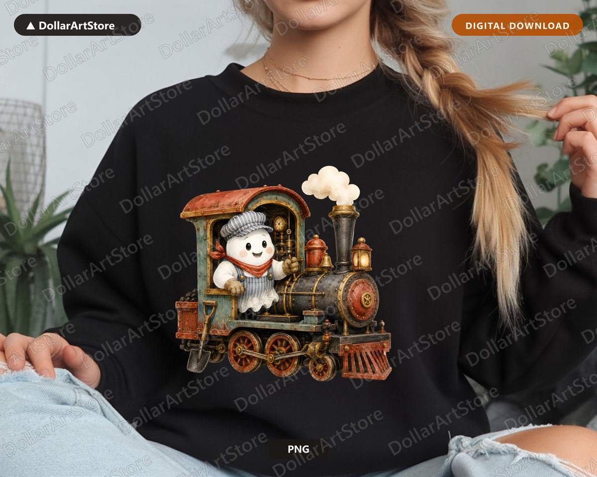 Steampunk Ghost Cowboy PNG, Western Train Design, Sublimation Print Download