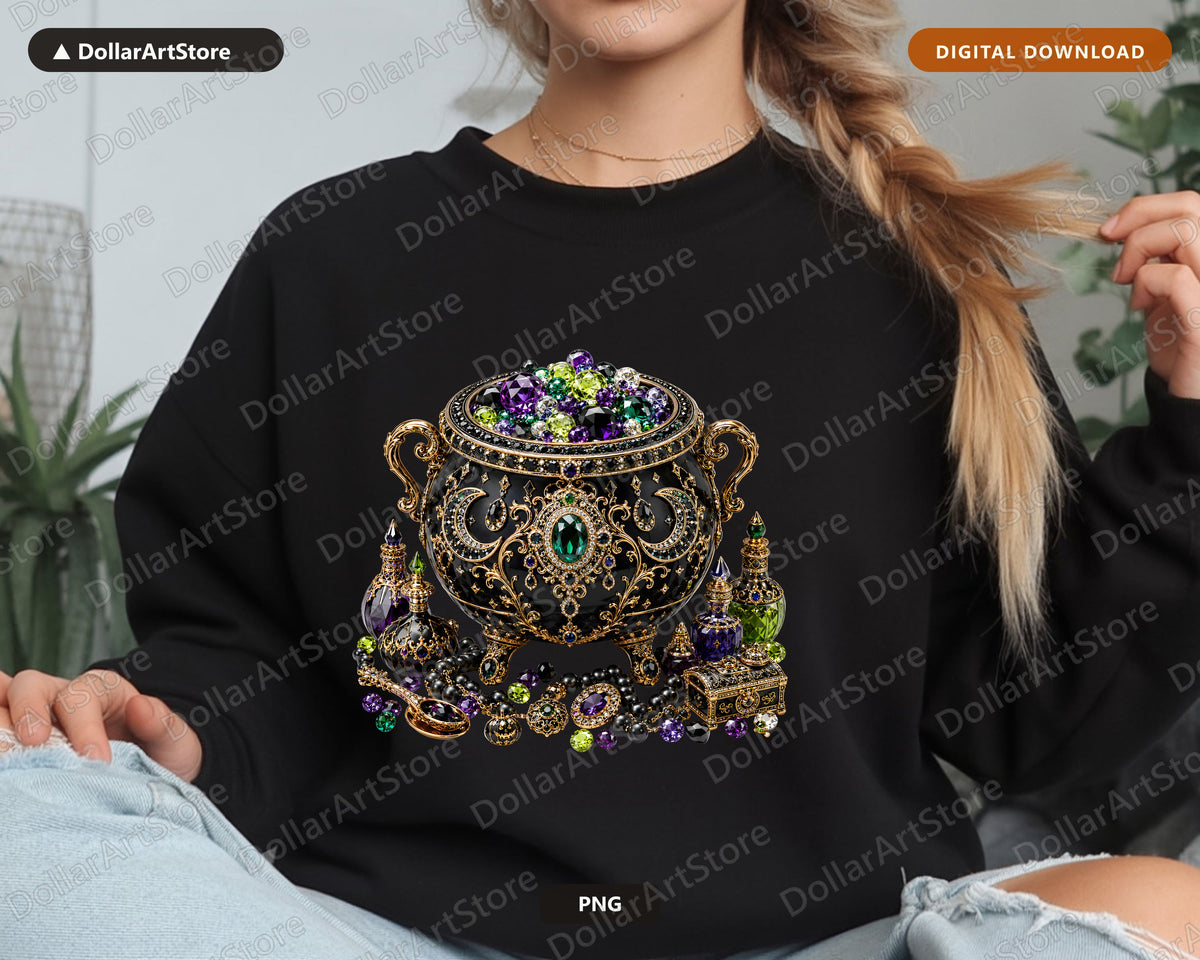 Gothic Witch's Cauldron PNG, Ornate Jewelry Design, Sublimation Print