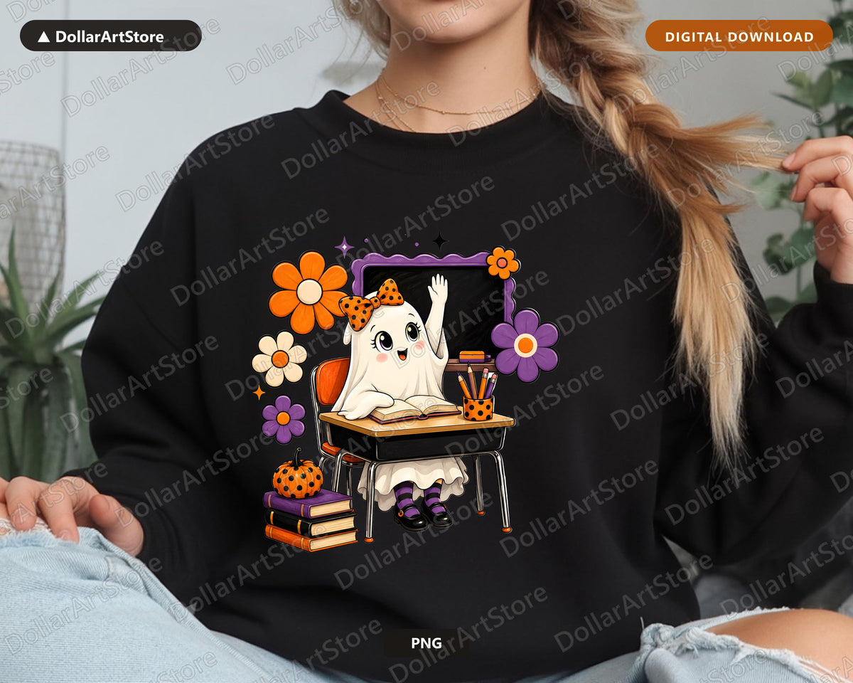 Cute Halloween Ghost PNG, School Desk Design, Sublimation Download
