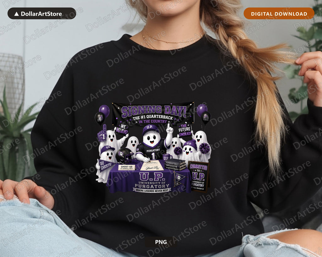 Cute Ghost Quarterback Football PNG, U of Purgatory Signing Day, Sublimation Design