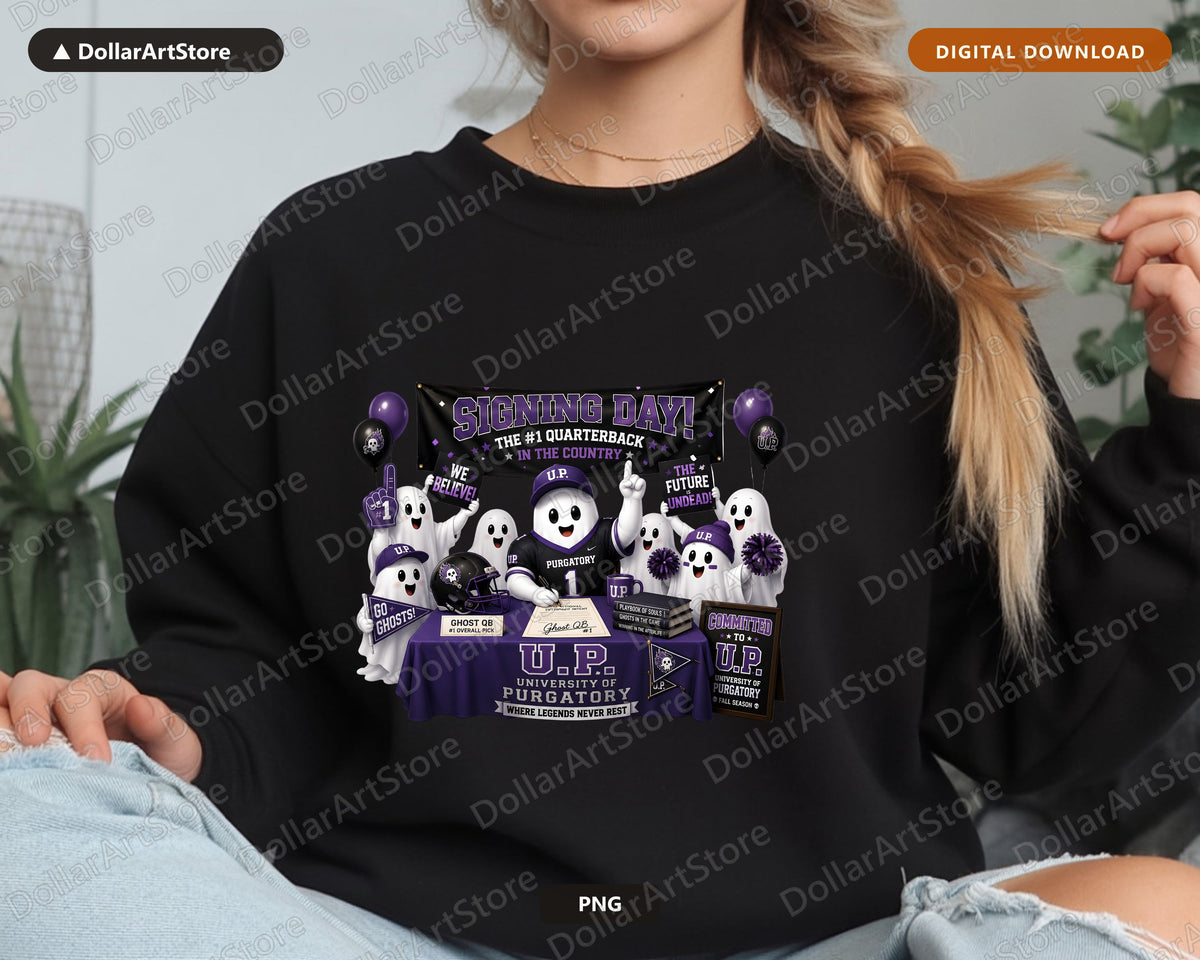 Cute Ghost Quarterback Football PNG, U of Purgatory Signing Day, Sublimation Design