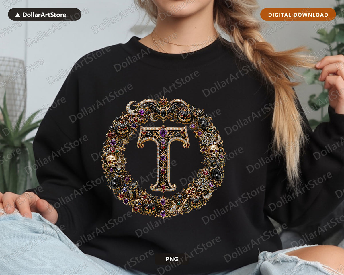 Halloween Monogram T PNG, Gothic Ornate Letter Design, Sublimation Shirt Design