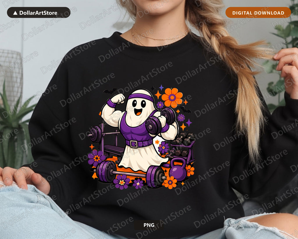 Cute Gym Ghost PNG, Funny Halloween Fitness Sublimation Design Digital Download
