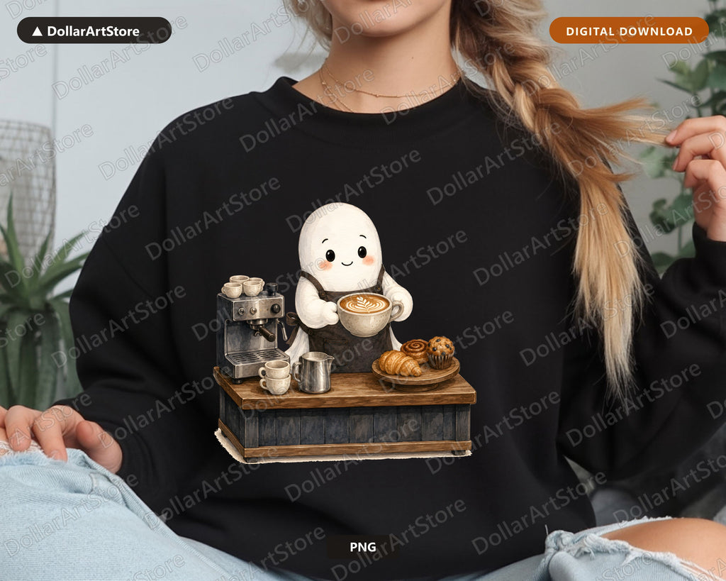 Cute Ghost Barista PNG, Sublimation Design, Coffee Shirt PNG Digital Download