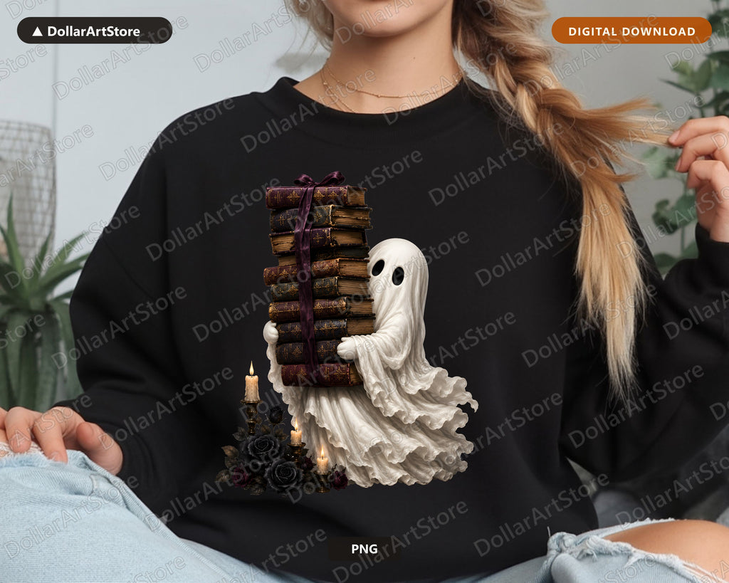 Bookish Ghost PNG, Gothic Sublimation Design, Halloween Shirt Design Digital Download