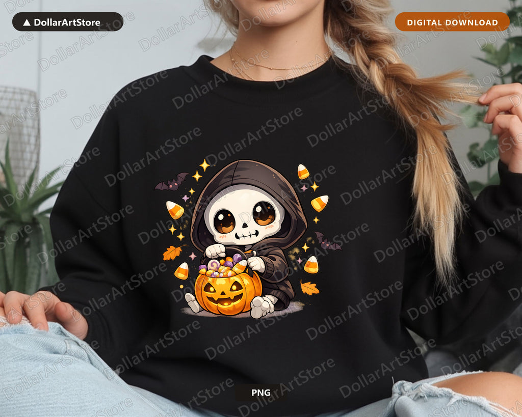 Cute Skeleton Grim Reaper PNG, Halloween Sublimation Design, Shirt & Tumbler