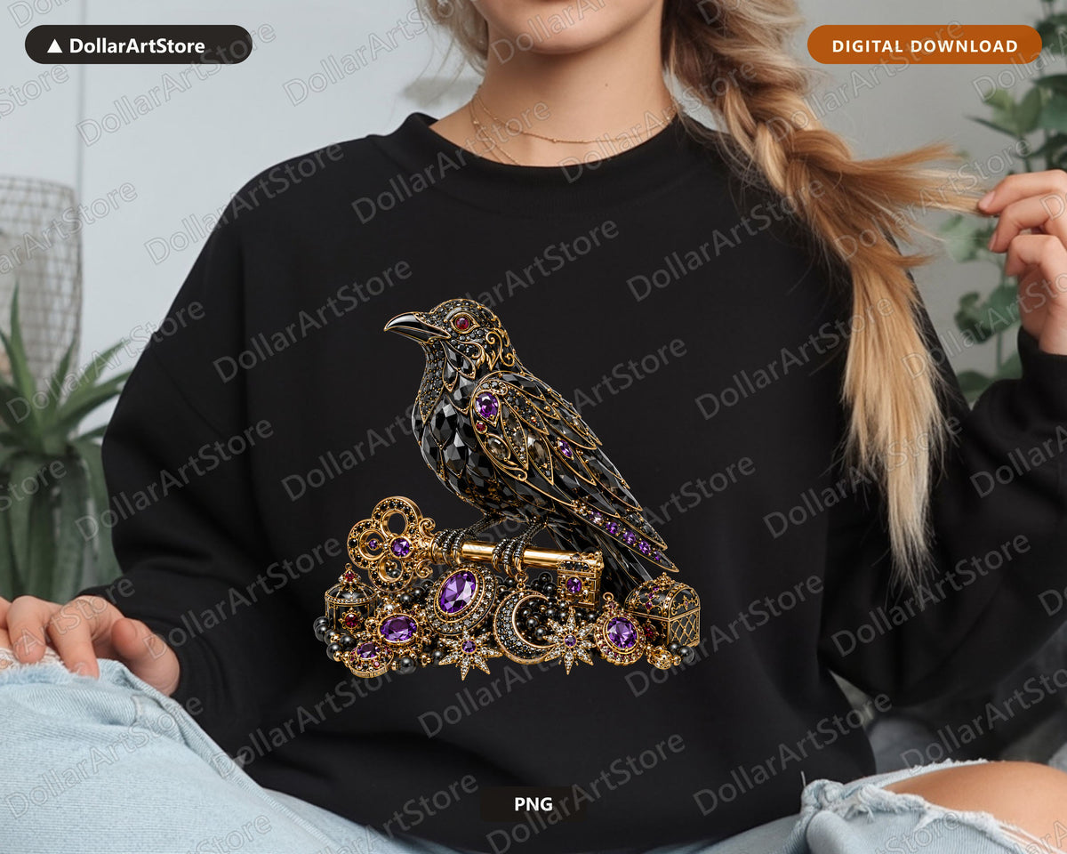 Gothic Raven PNG, Jeweled Black Bird, Ornate Sublimation Design