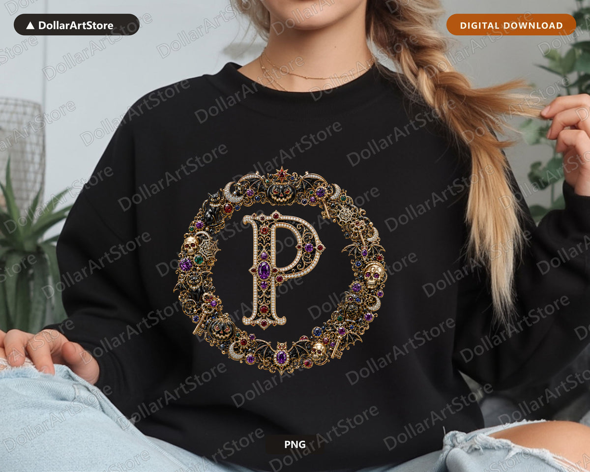 Halloween Monogram Letter P PNG, Gothic Sublimation Design, Shirt Print Digital Download