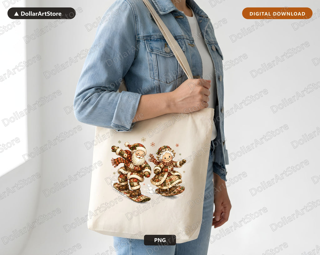 Patchwork Santa PNG Sublimation Design, Skiing Christmas Shirt Design