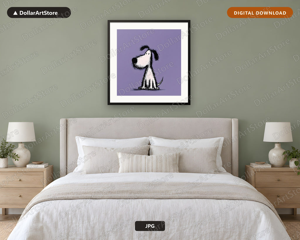 Simple Dog Doodle Sketch Black & White Purple Background Digital Download
