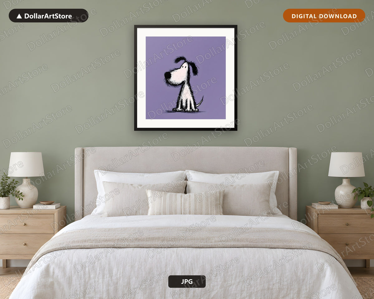 Simple Dog Doodle Sketch Black & White Purple Background Digital Download