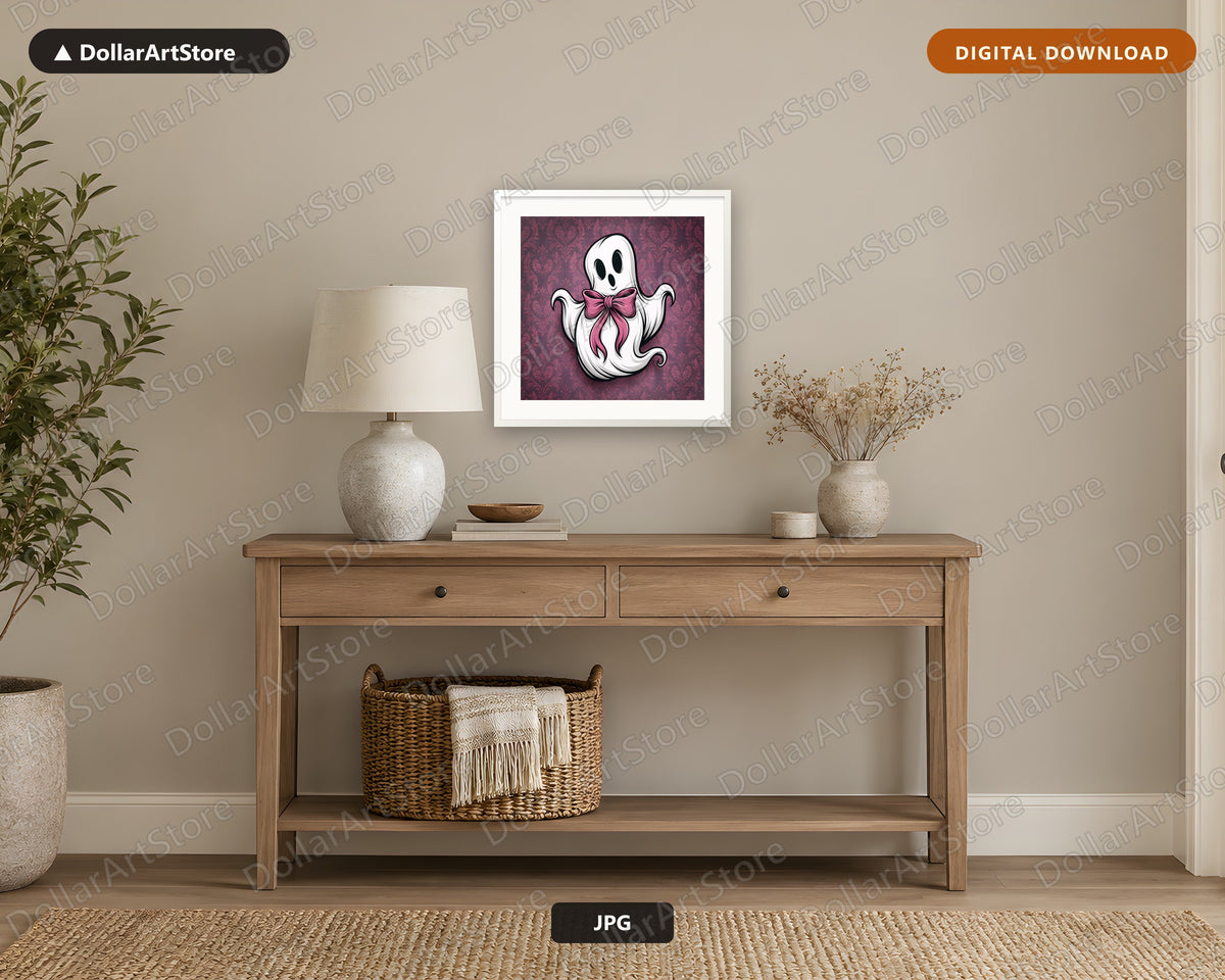 Cute Coquette Ghost Pink Bow Printable Wall Art Digital Download