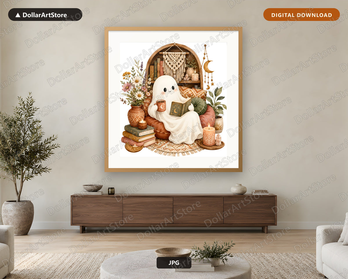 Reading Boho Ghost Watercolor Printable Wall Art Digital Download