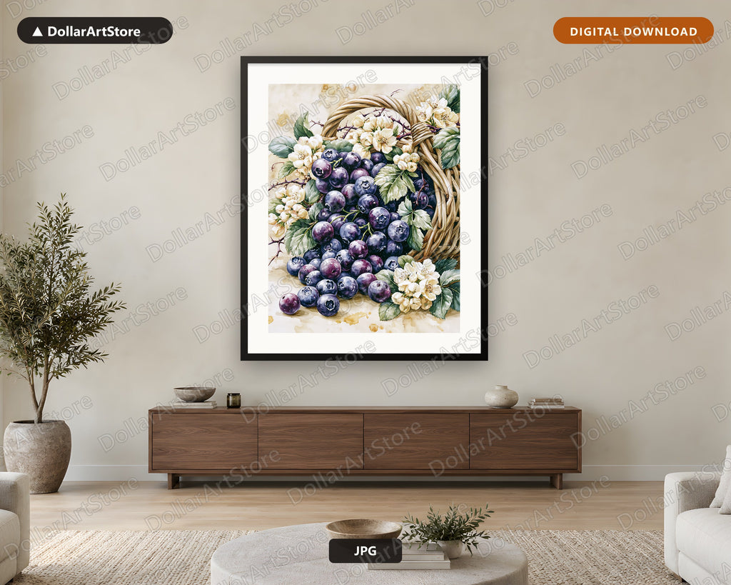 Blueberries Watercolor Floral Basket Printable Wall Art