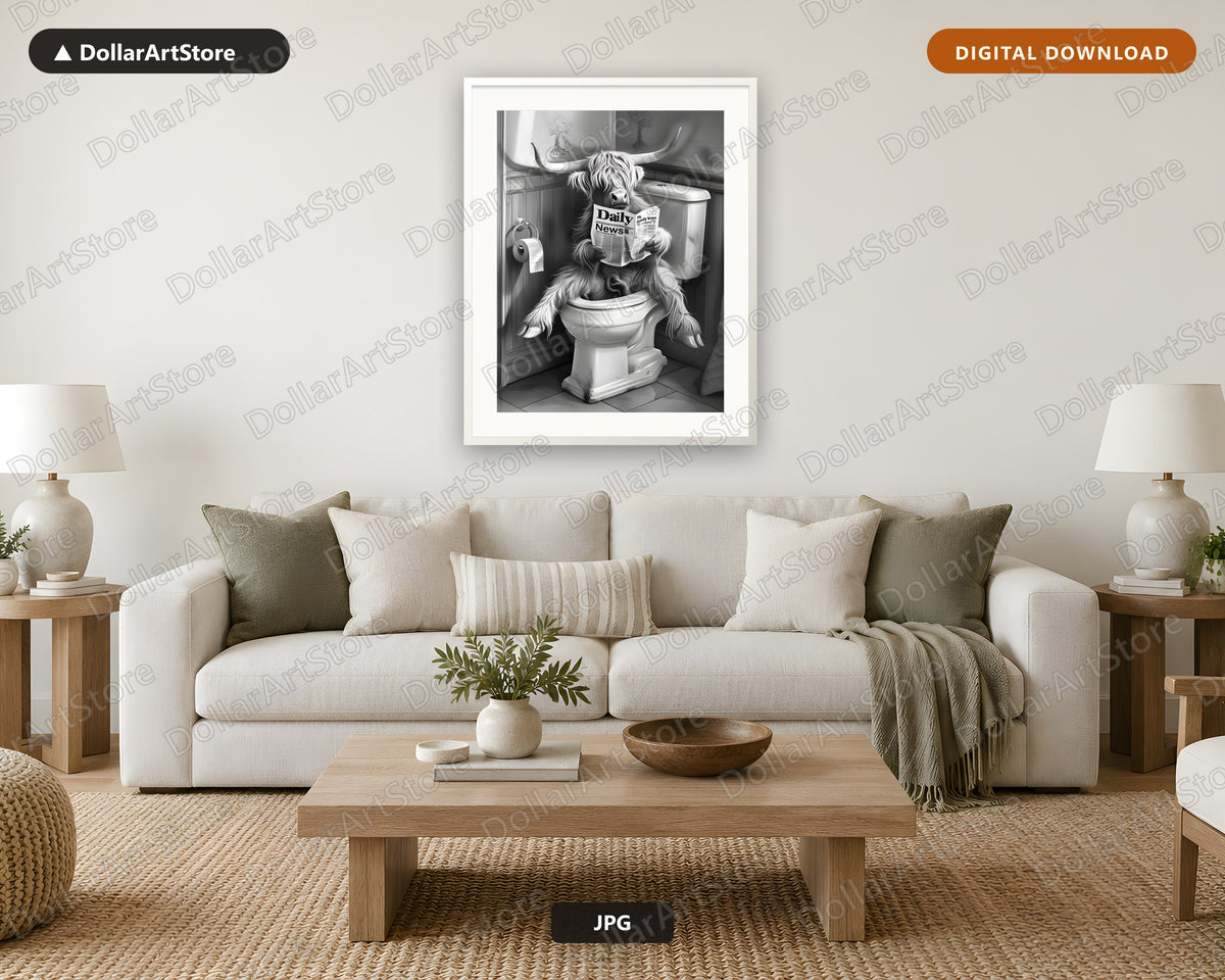 Highland Cattle Reading Newspaper Printable Wall Art, Funny Bathroom Decor