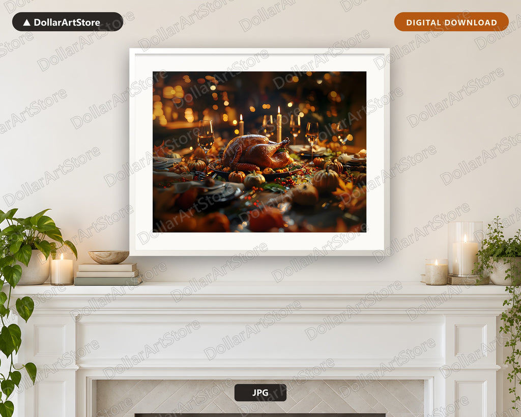 Roasted Turkey Dinner Table Printable Wall Art | Thanksgiving Harvest Digital Download
