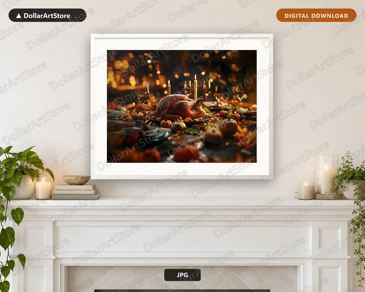 Roasted Turkey Dinner Table Printable Wall Art | Thanksgiving Harvest Digital Download
