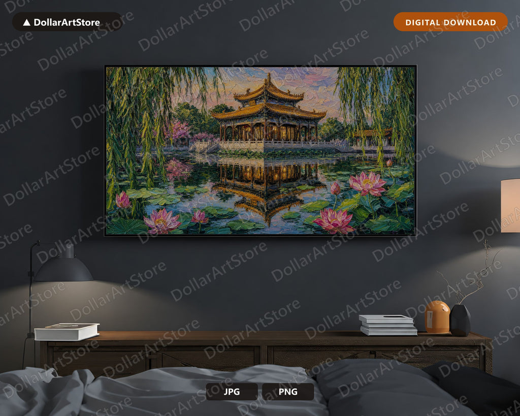 Cozy Asian Pagoda Frame TV Art, Samsung Frame TV Digital Download, 4K Textured Landscape Screensaver