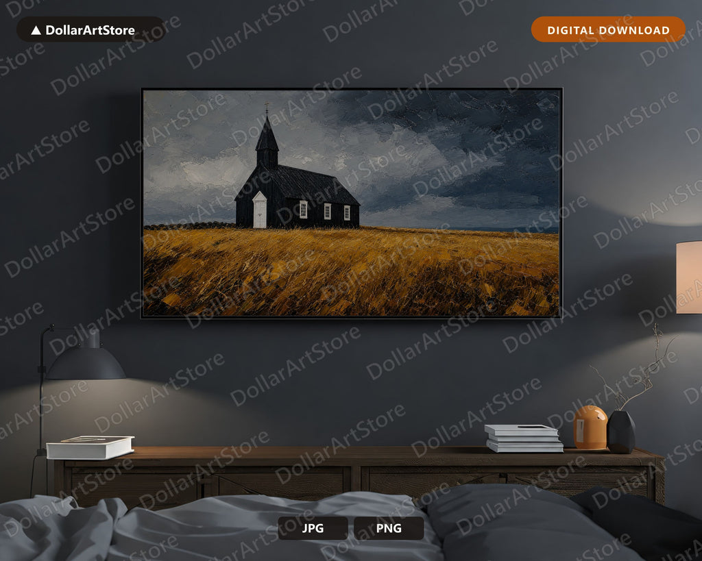 Dark Moody Rustic Church and Landscape Scenery Frame TV Art