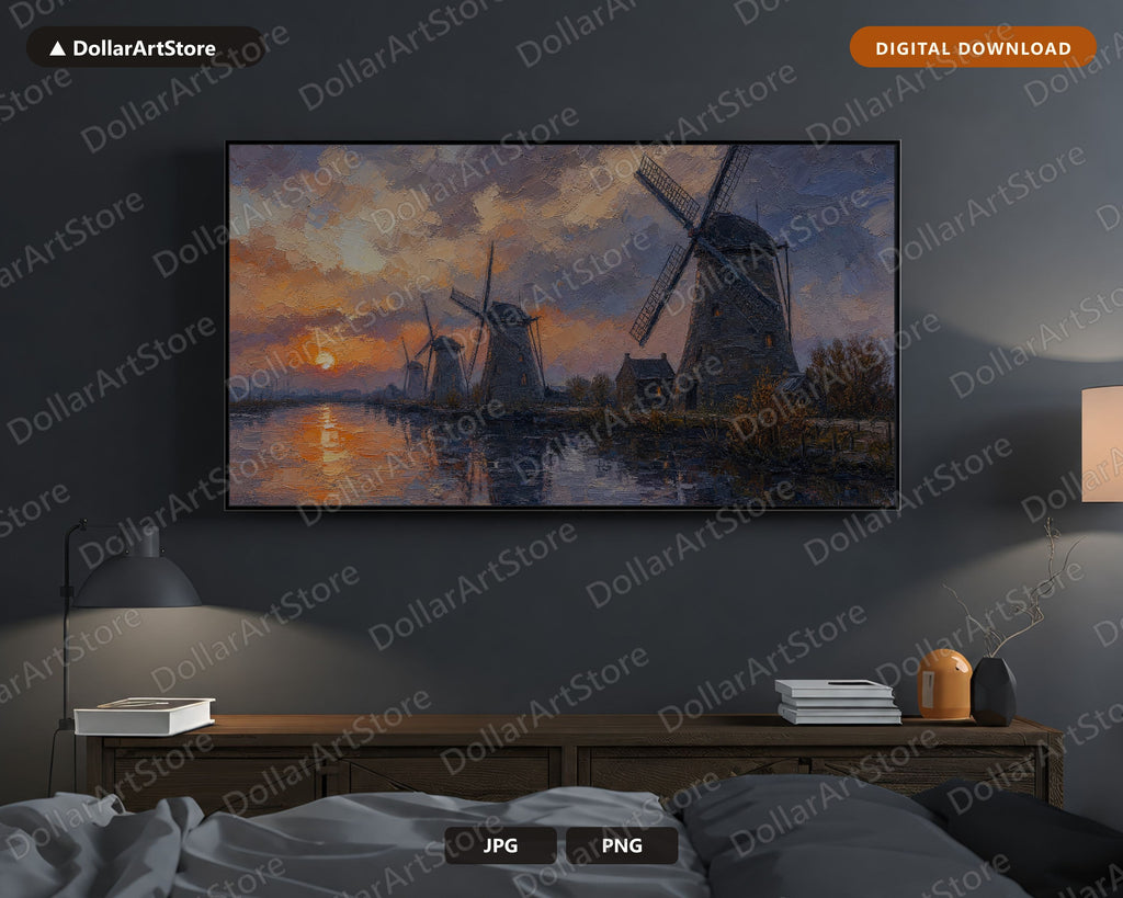 Cozy Windmill Landscape Frame TV Art, Textured Scenery Samsung TV Download, 4K Digital Artwork