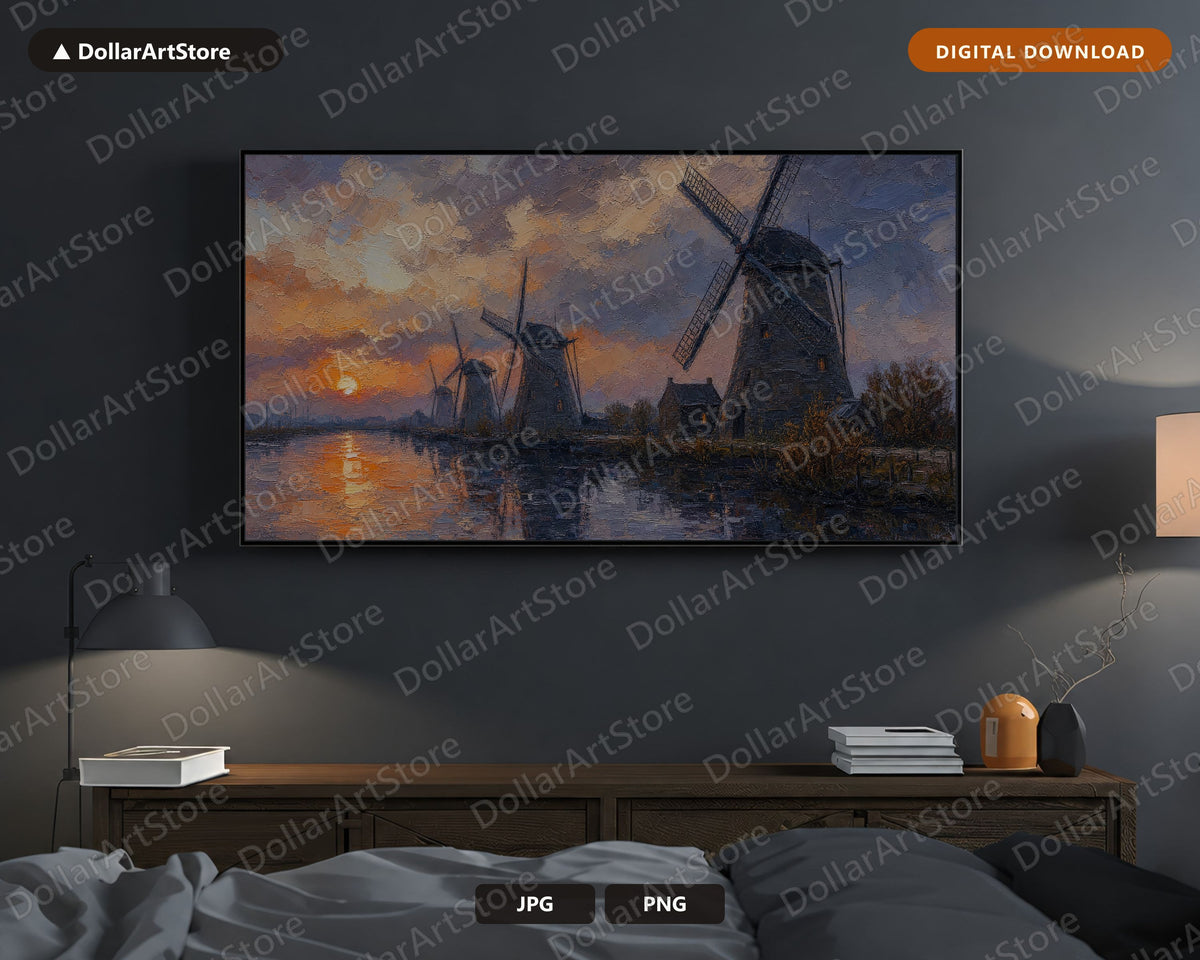Cozy Windmill Landscape Frame TV Art, Textured Scenery Samsung TV Download, 4K Digital Artwork