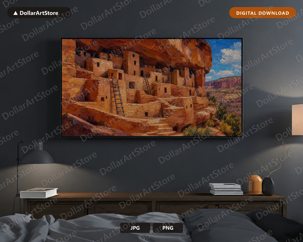 Cozy Rustic Canyon Dwellings Frame TV Art, Southwest Scenery Samsung Digital Download 4K