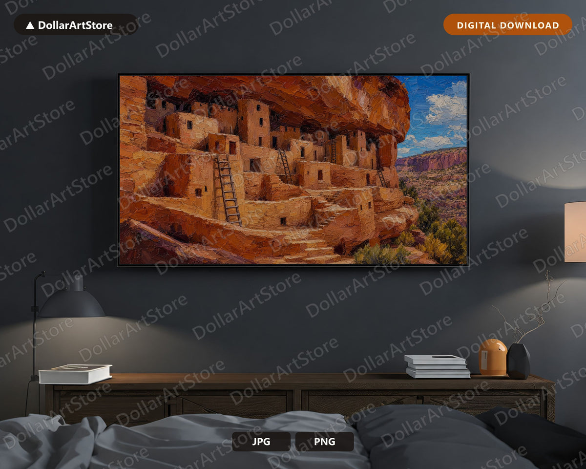 Cozy Rustic Canyon Dwellings Frame TV Art, Southwest Scenery Samsung Digital Download 4K