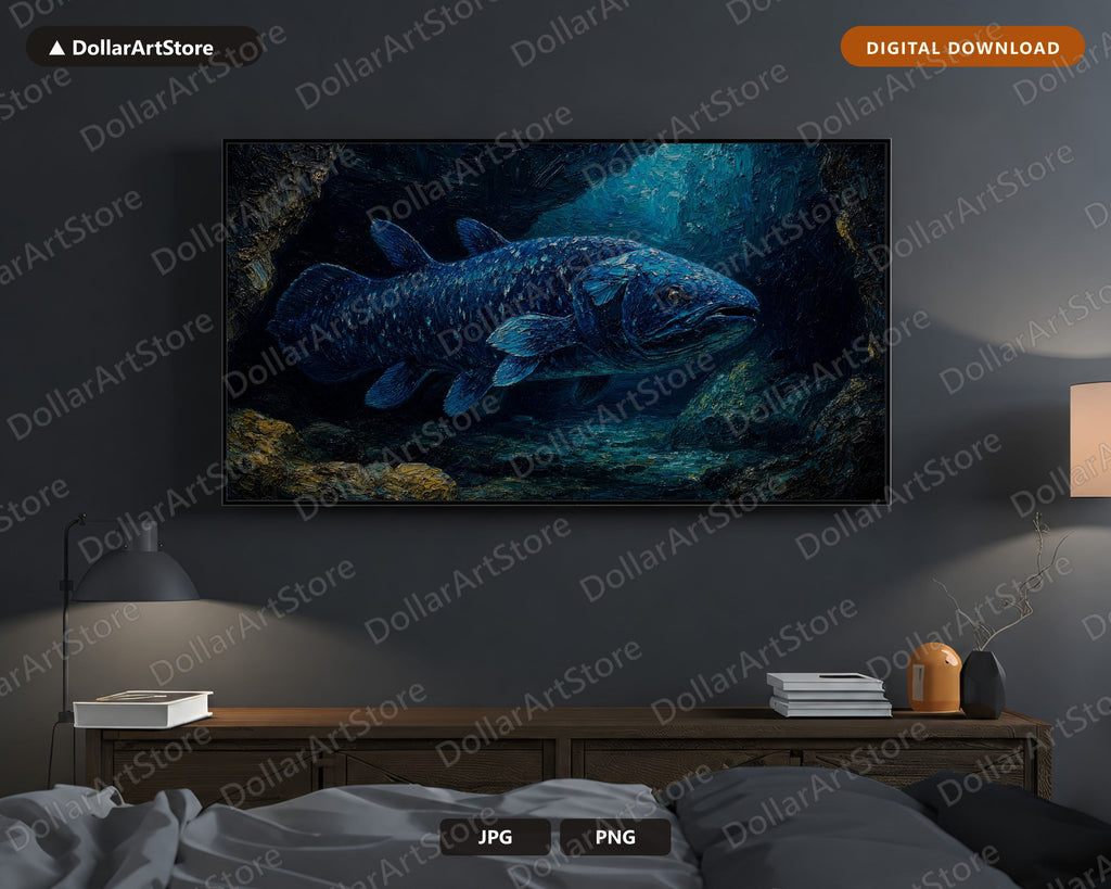 Cozy Dark Underwater Frame TV Art, Samsung Frame TV Digital Download, 4K Coelacanth Screensaver Art