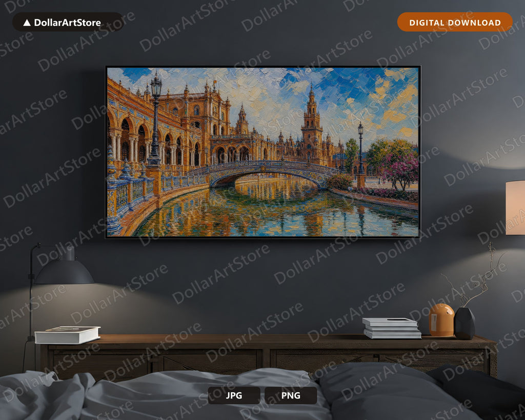 Cozy European Plaza de Espana Palace Frame TV Art of Famous Spanish Landmark