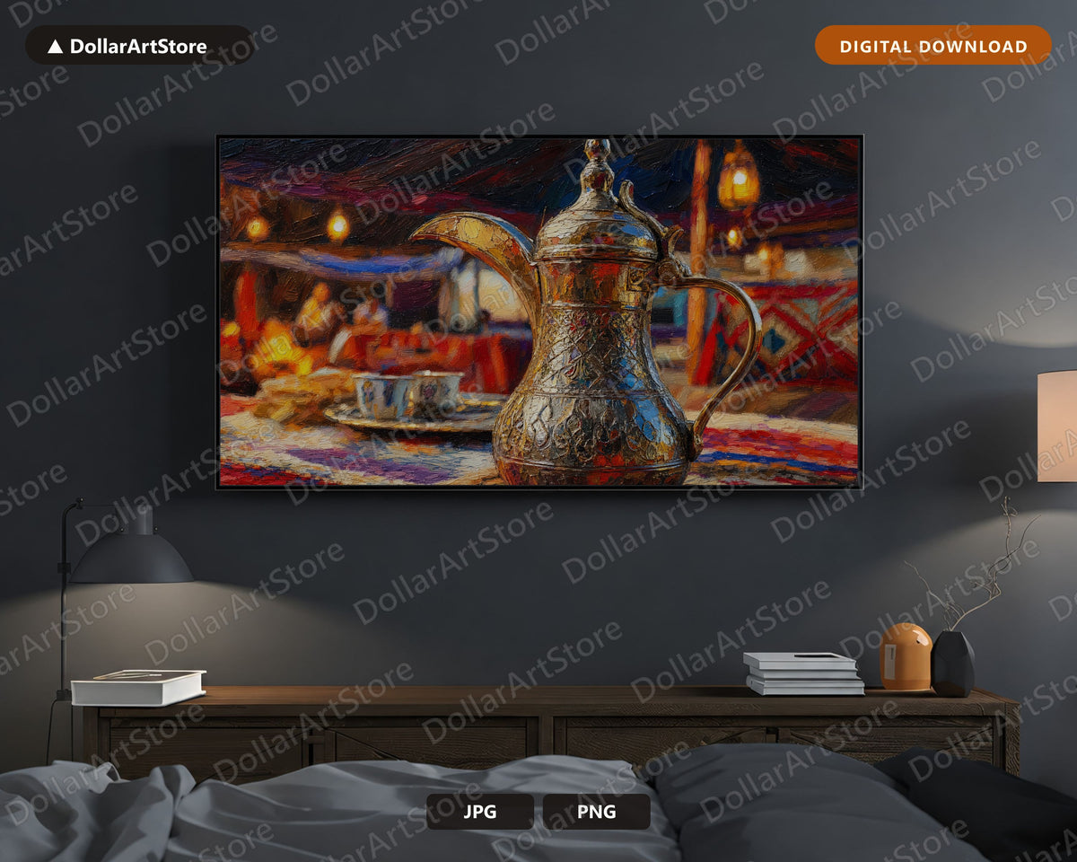Cozy Middle Eastern Frame TV Art, Samsung TV Digital Download, 4K Textured Dallah Coffee Pot