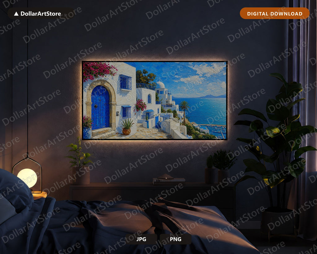 Cozy Mediterranean Coastal Frame TV Art, Samsung Frame TV Digital Download, 4K Textured Scenery