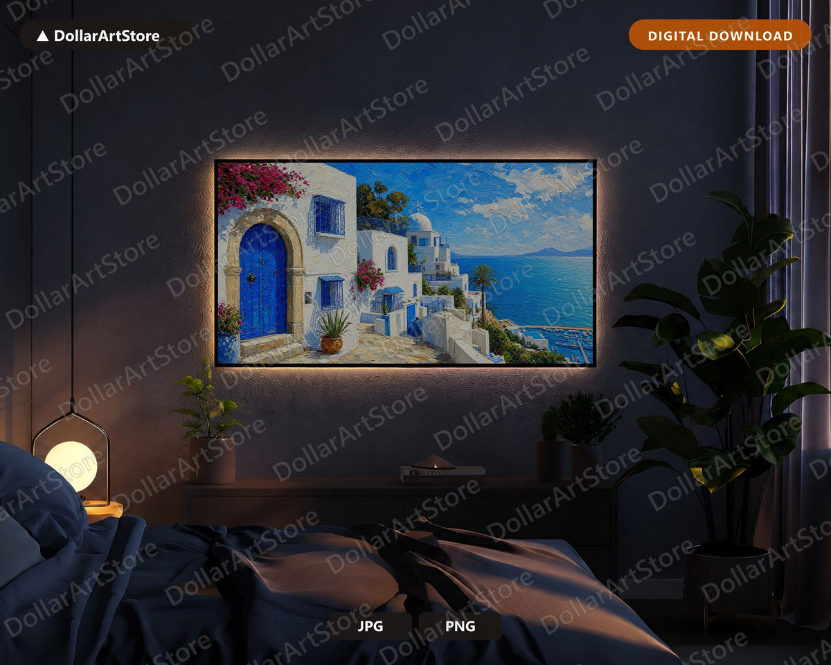 Cozy Mediterranean Coastal Frame TV Art, Samsung Frame TV Digital Download, 4K Textured Scenery