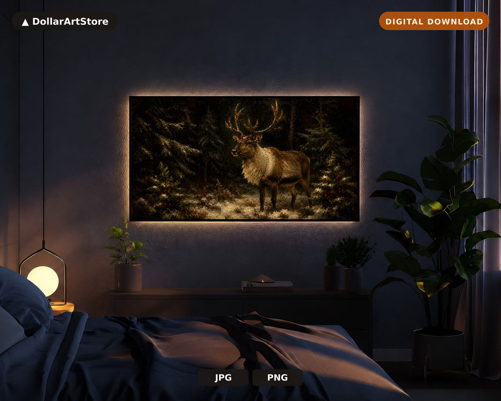 Moody Forest Stag Frame TV Art, Dark Woodland Scenery 4K Samsung TV Download