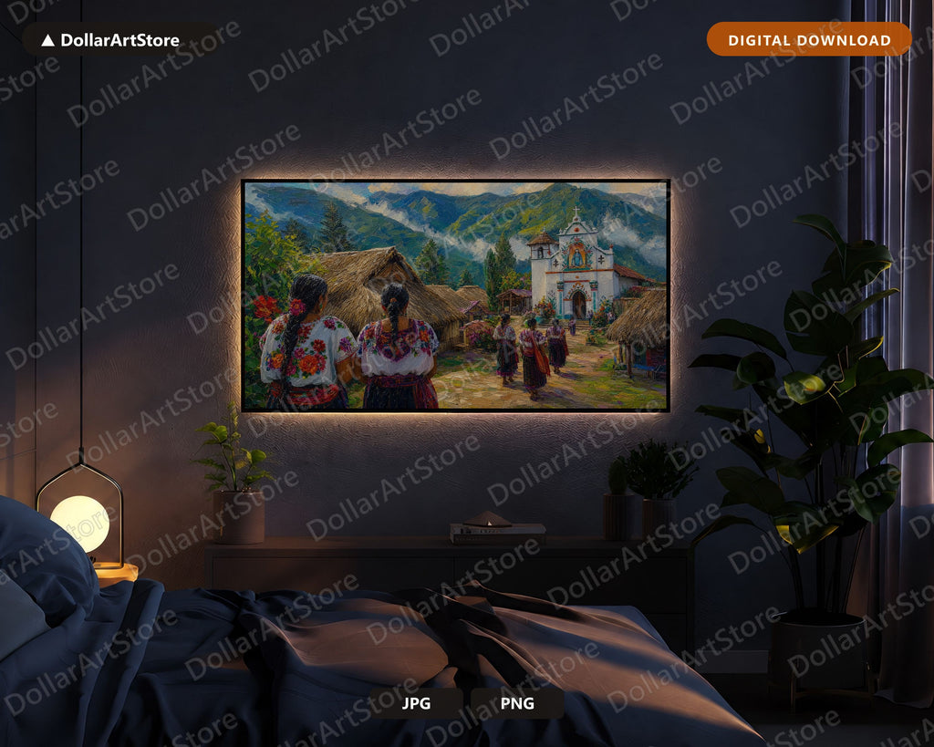 Cozy Mountain Village Frame TV Art, Samsung Frame TV Digital Download, 4K Textured Scenery