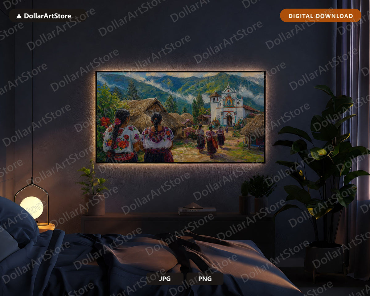 Cozy Mountain Village Frame TV Art, Samsung Frame TV Digital Download, 4K Textured Scenery