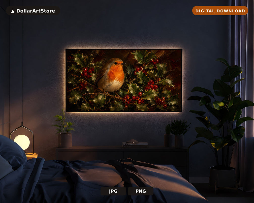 Cozy Robin Frame TV Art, Samsung Frame TV Digital Download, 4K Textured Holiday Screensaver