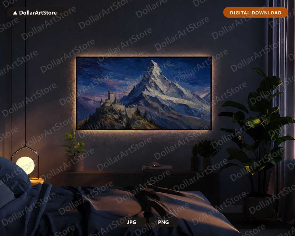 Alpine Castle Mountain Frame TV Art, Cozy Textured Landscape Samsung TV Download, 4K Scenery Screensaver
