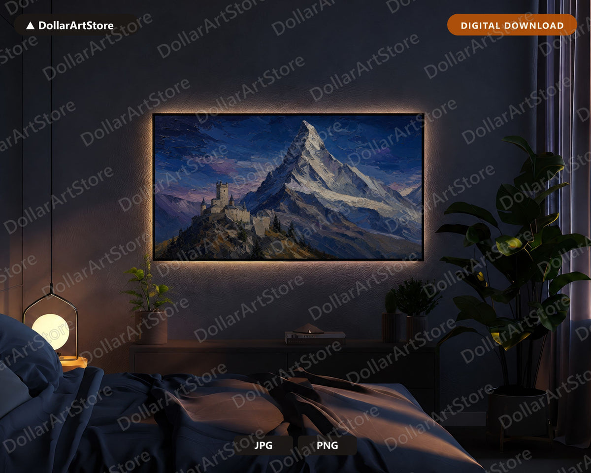 Alpine Castle Mountain Frame TV Art, Cozy Textured Landscape Samsung TV Download, 4K Scenery Screensaver