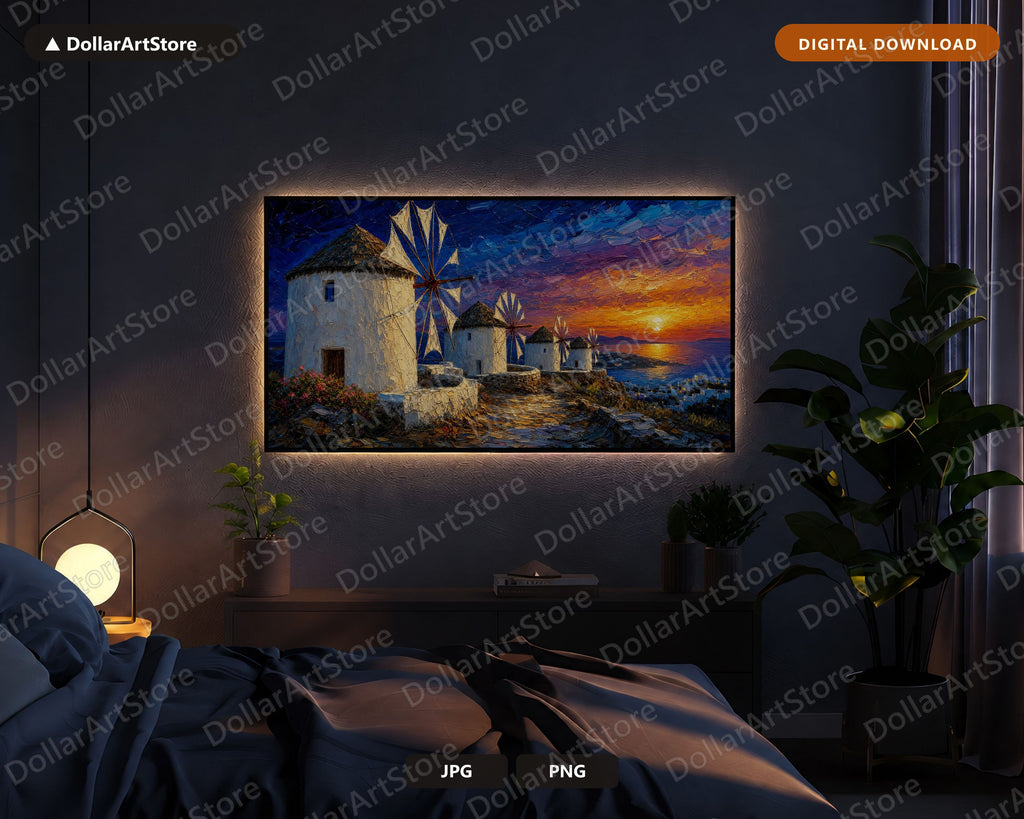 Cozy Mykonos Windmills Frame TV Art, Samsung Frame Digital Download, 4K Sunset Scenery