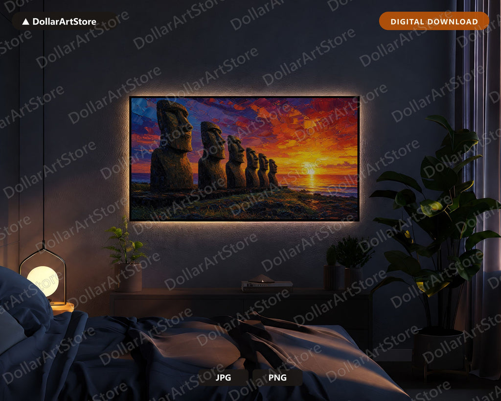 Easter Island Moai Sunset Frame TV Art, Samsung 4K Digital Download, Scenic Landscape Screensaver