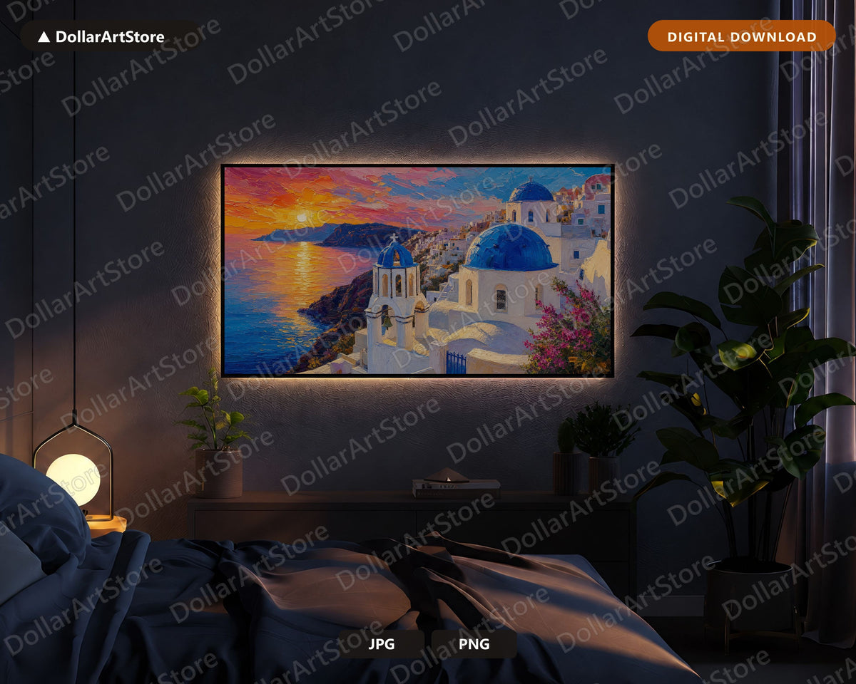 Cozy Santorini Sunset Frame TV Art, Samsung Frame TV Digital Download, 4K Textured Greek Island Scenery