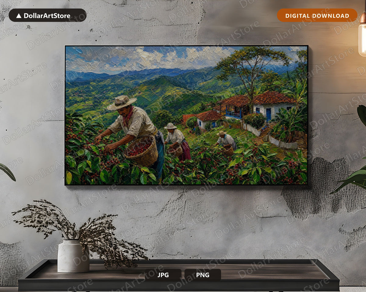 Cozy Mountain Coffee Farm Frame TV Art, Samsung Frame Digital Download, 4K Textured Harvest Landscape
