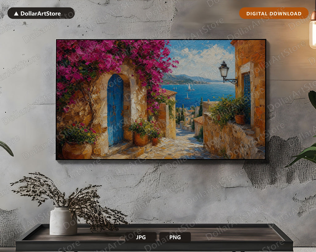 Cozy Mediterranean Frame TV Art, Textured Coastal Scenery, Samsung Frame TV Digital Download 4K