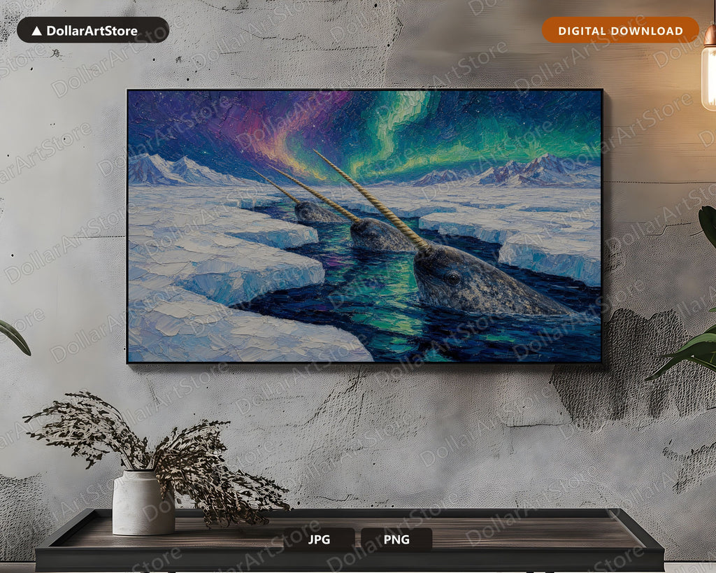Cozy Arctic Narwhal in Polar Aurora Frame TV Art