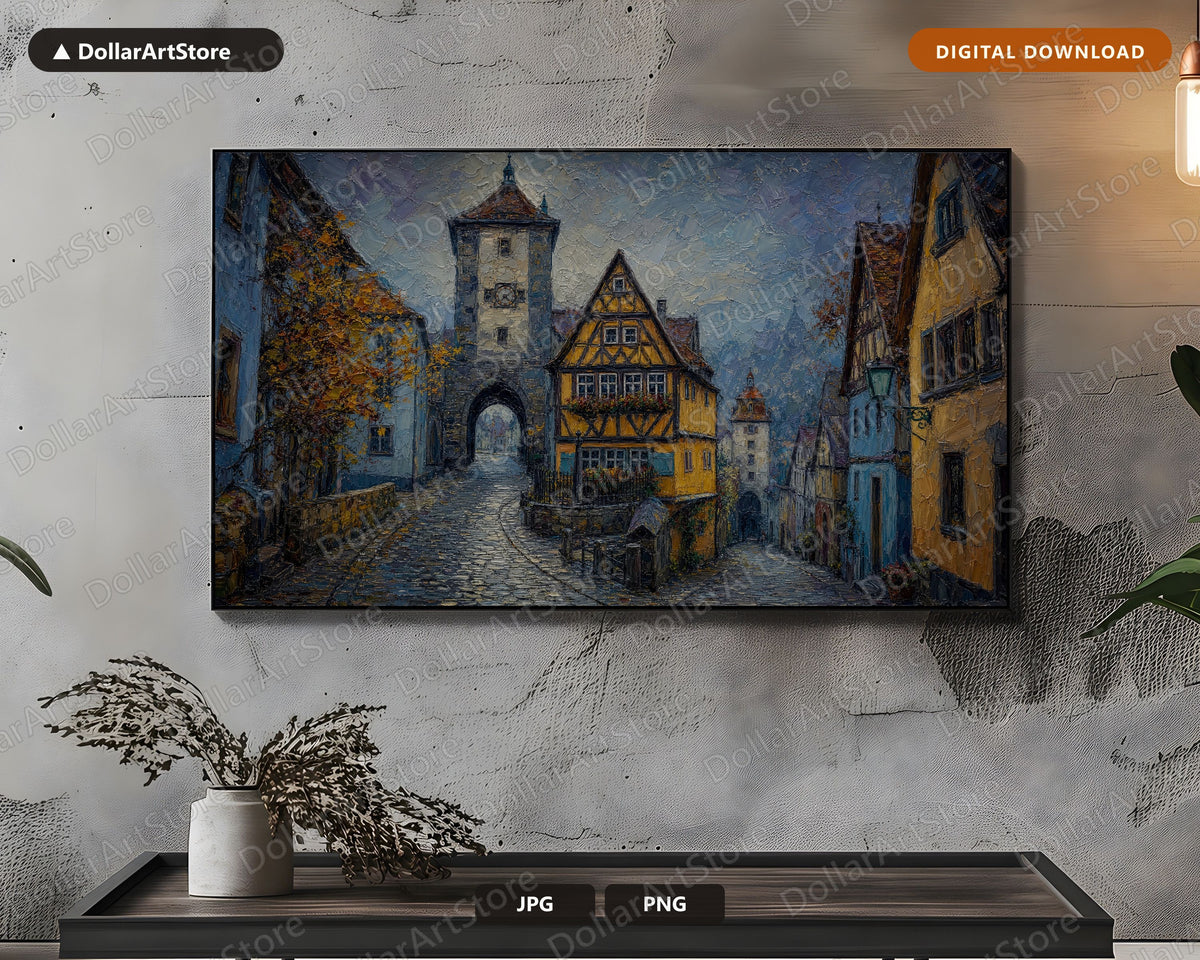Cozy Medieval European Town Frame TV Art, Samsung Frame TV Digital Download, 4K Textured Scenery