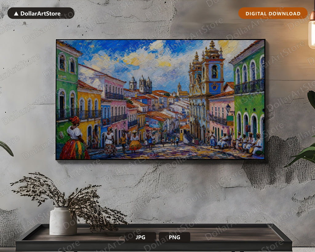 Cozy Colonial Street Frame TV Art, Samsung Frame TV Digital Download, Vibrant Textured Americas Scenery