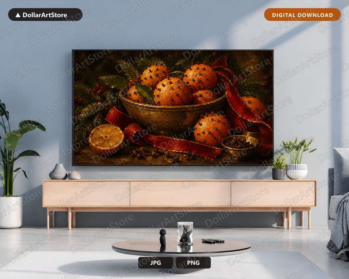 Cozy Holiday Frame TV Art, Christmas Oranges & Cloves Samsung TV Digital Download, 4K Textured Festive Screensaver Art