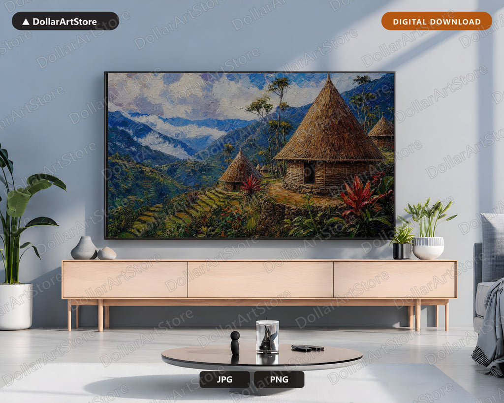 Cozy Highland Village Frame TV Art, Papua New Guinea Landscape, Samsung Frame TV 4K Digital Download