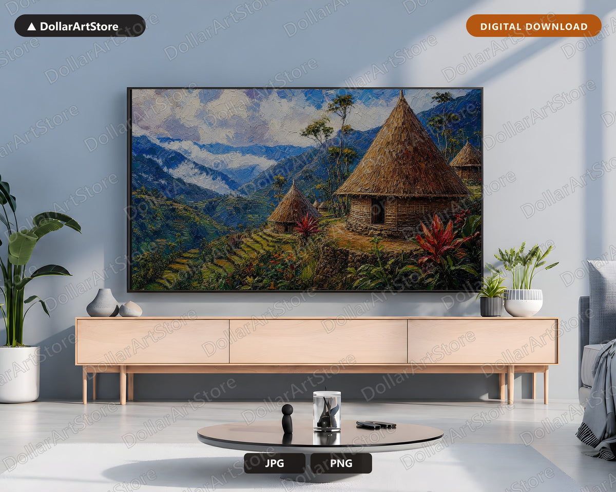Cozy Highland Village Frame TV Art, Papua New Guinea Landscape, Samsung Frame TV 4K Digital Download